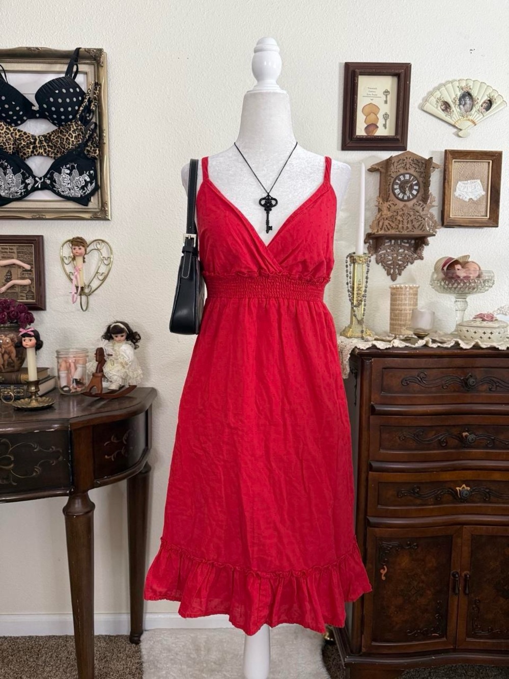 Y2k Americana girly grunge bright red babydoll ruffled knee length dress